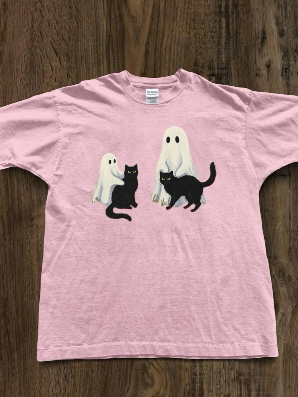 Gildan Heavy Cotton Halloween Ghost and Black Cat Graphic T-Shirt Pink